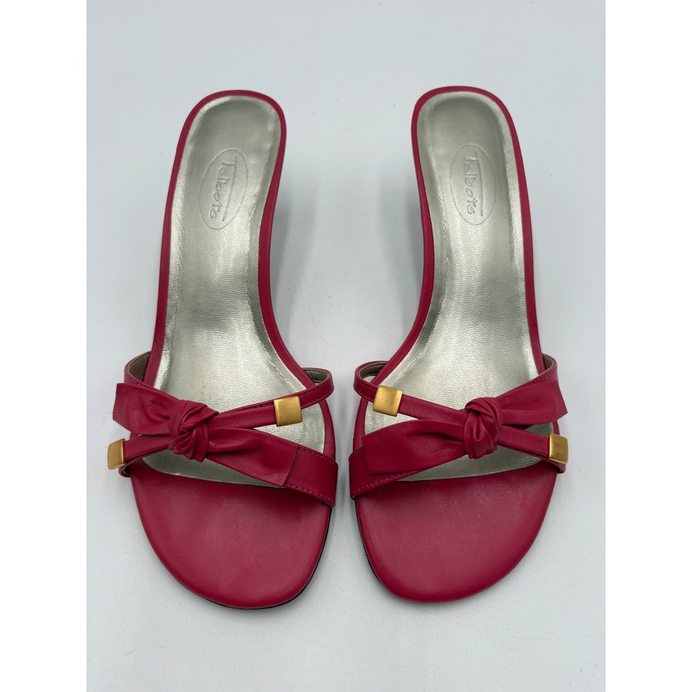 Talbots Womens Pink Leather Bow Kitten Heel Sandals Fuchsia Gold Hardware 6.5B